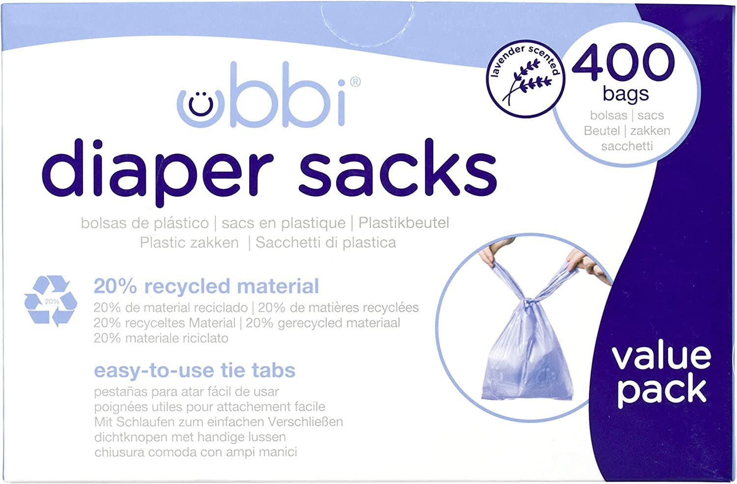 Ubbi Disposable Diaper Sacks, Lavender Scented, Easy-To-Tie Tabs, Diaper Disposal or Pet Waste Bags, 200 Count - Image 2